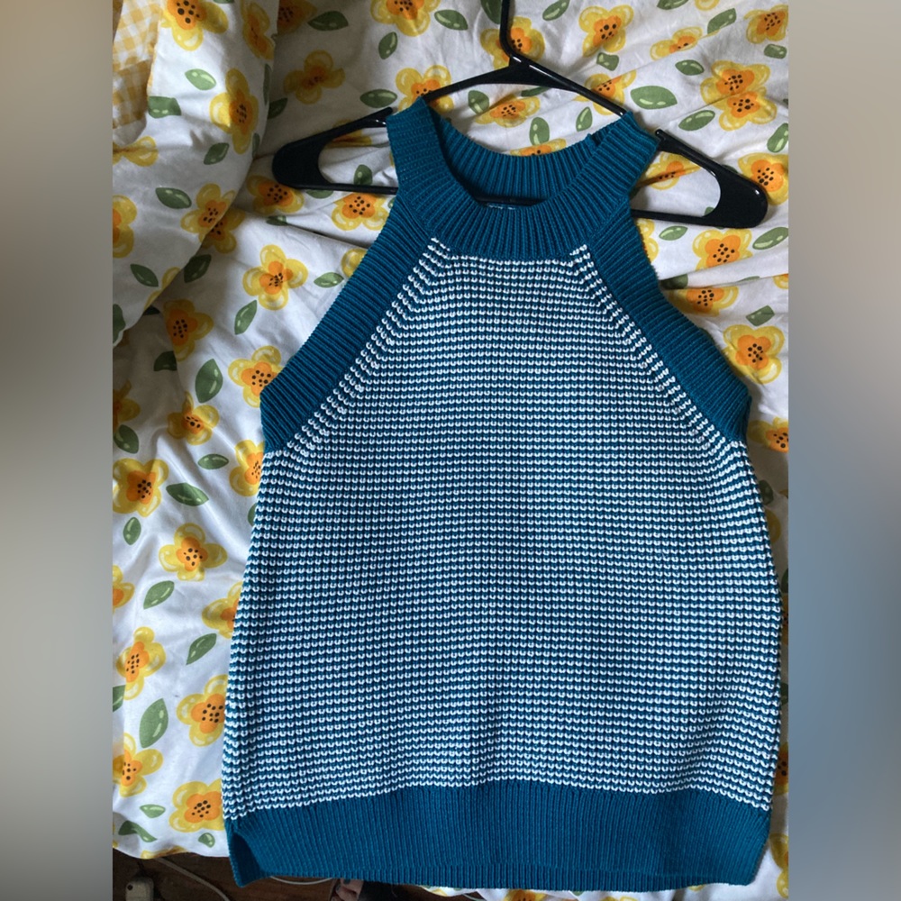 Ann Taylor Loft size Medium Sleeveless Sweater Tank blue/teal and white NWOT